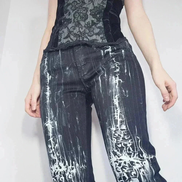 Gothic & grunge black and white abstract hand-painted straight-legged jeans - Picture 1 of 16
